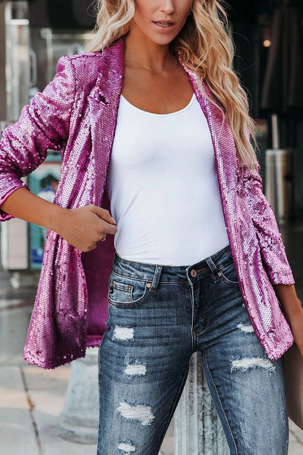 Black sequin embellished tailored jacket with classic elegant lapels for glamorous evening occasions
