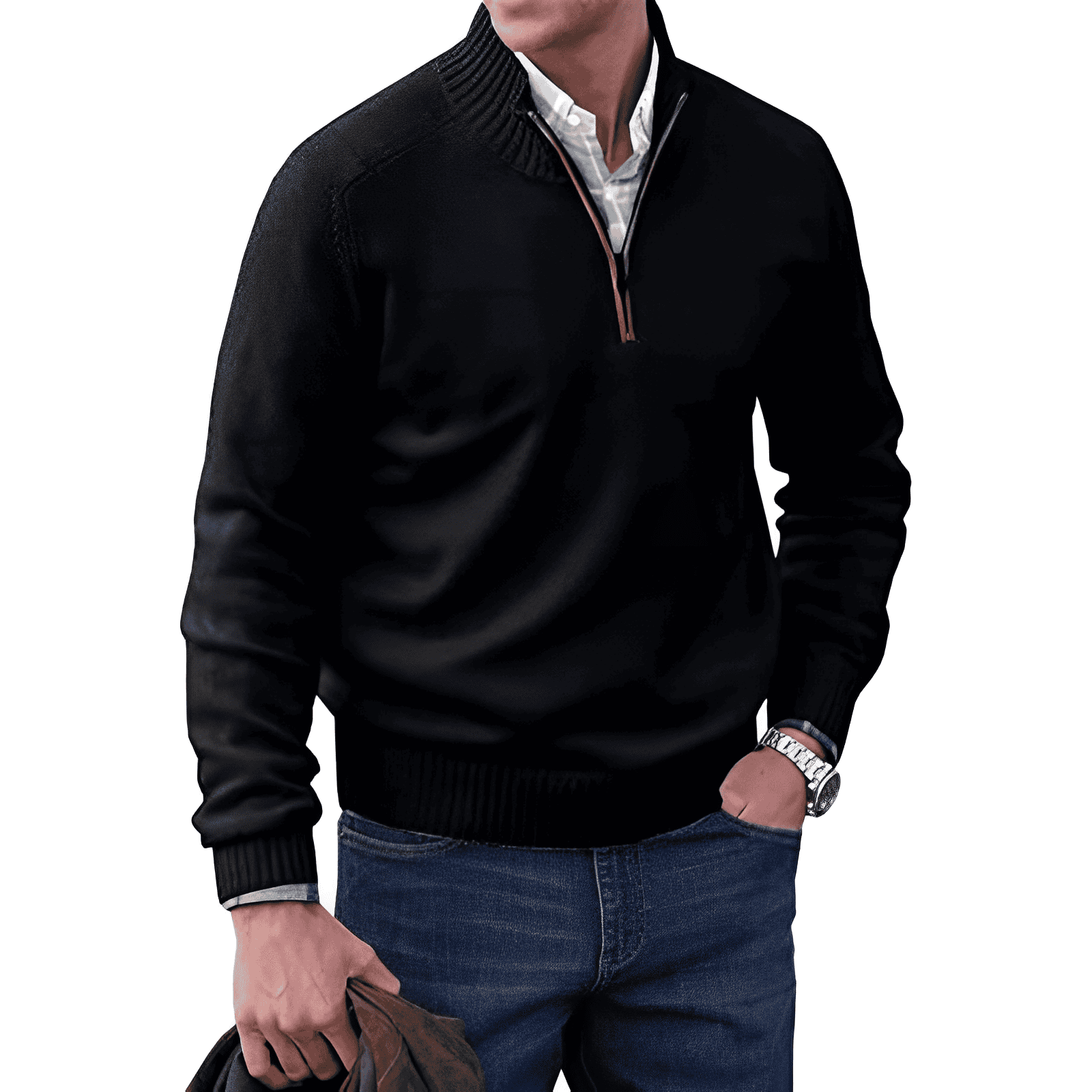Men's half-zip knit sweater long sleeves classic ribbed collar cuffs hem layering essential