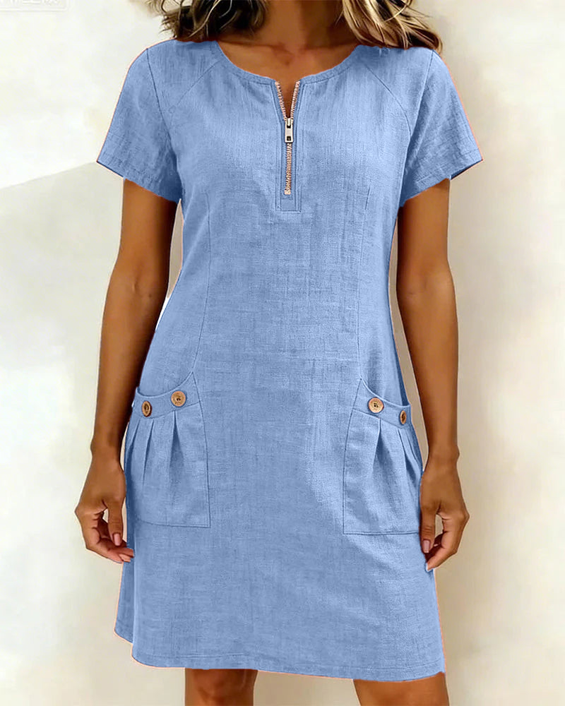 Remi | Women's Shift Dress Short Sleeve Zip Neck with Pockets