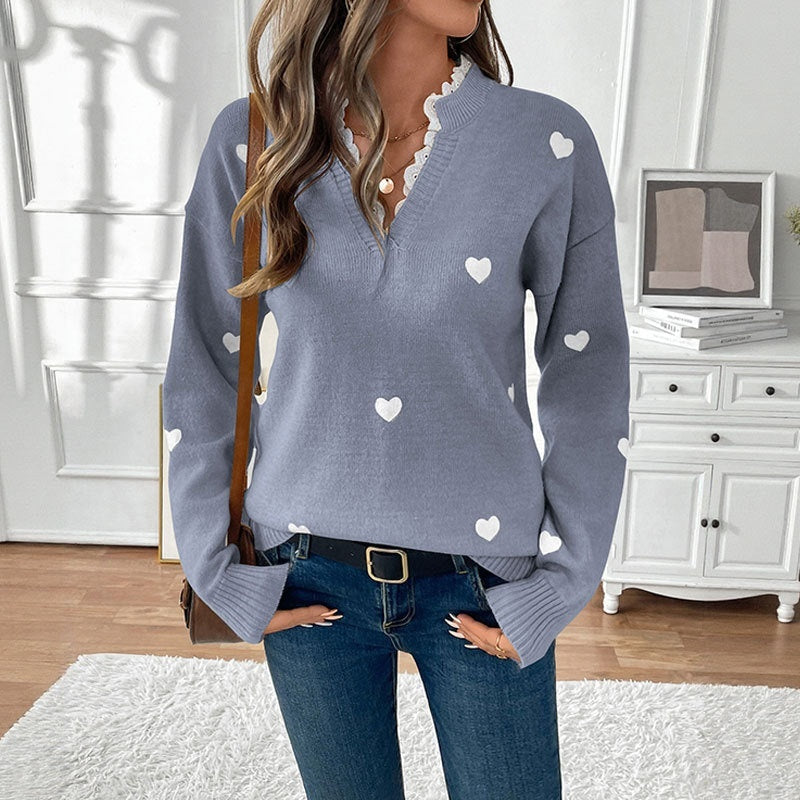 Women's light khaki acrylic knit V-neck sweater with love-inspired pattern, cozy and stylish