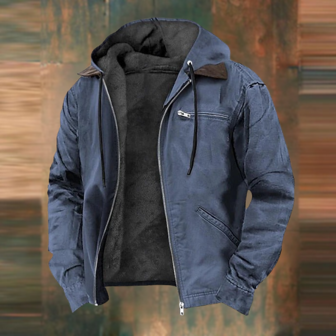Men's gray fleece jacket adjustable drawstring hood zip closure slim fit for winter outdoor wear