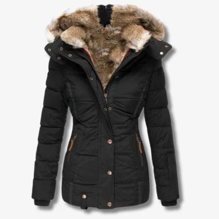 Women's black hooded puffer jacket with elegant slim fit design for winter warmth