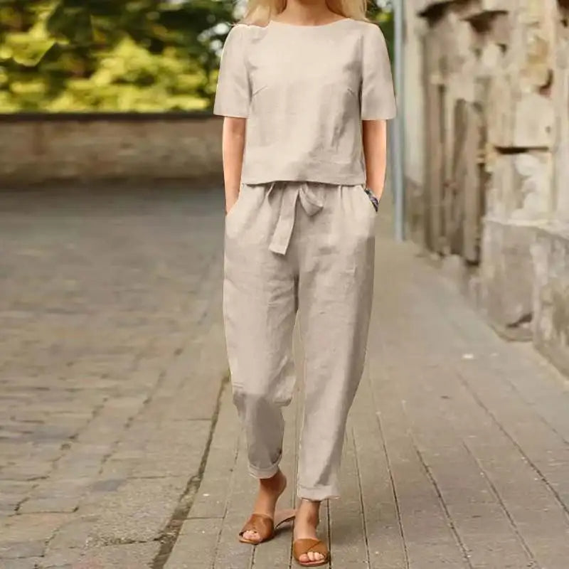Women's casual short sleeve belted matching set with relaxed trousers, everyday chic two-piece coord