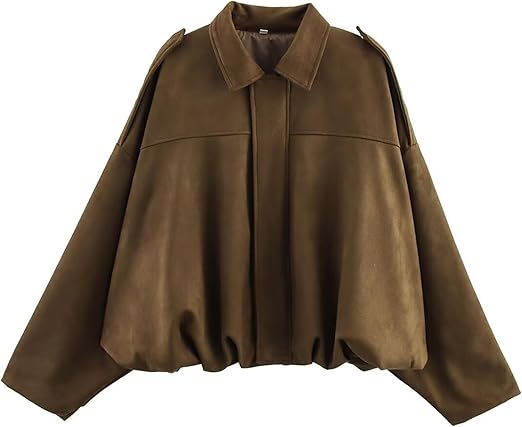 Women's oversized faux suede bomber jacket cropped lapel pilot streetwear style