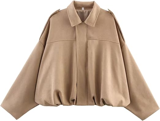 Women's oversized faux suede cropped bomber jacket lapel collar streetwear pilot style