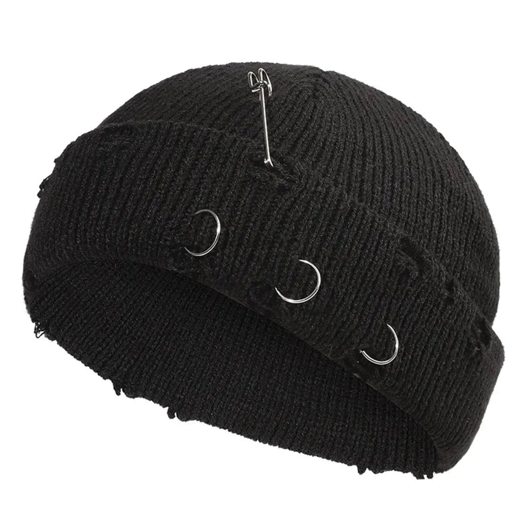 Black distressed cotton beanie cap with metal rings accents, bold streetwear style