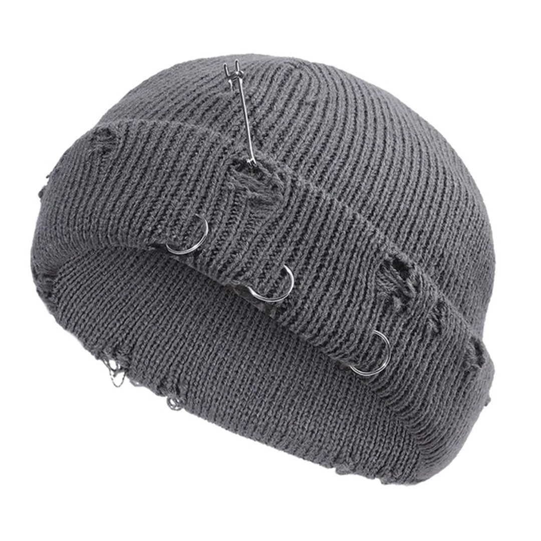 Black distressed cotton beanie cap with metal rings, streetwear style for bold urban looks