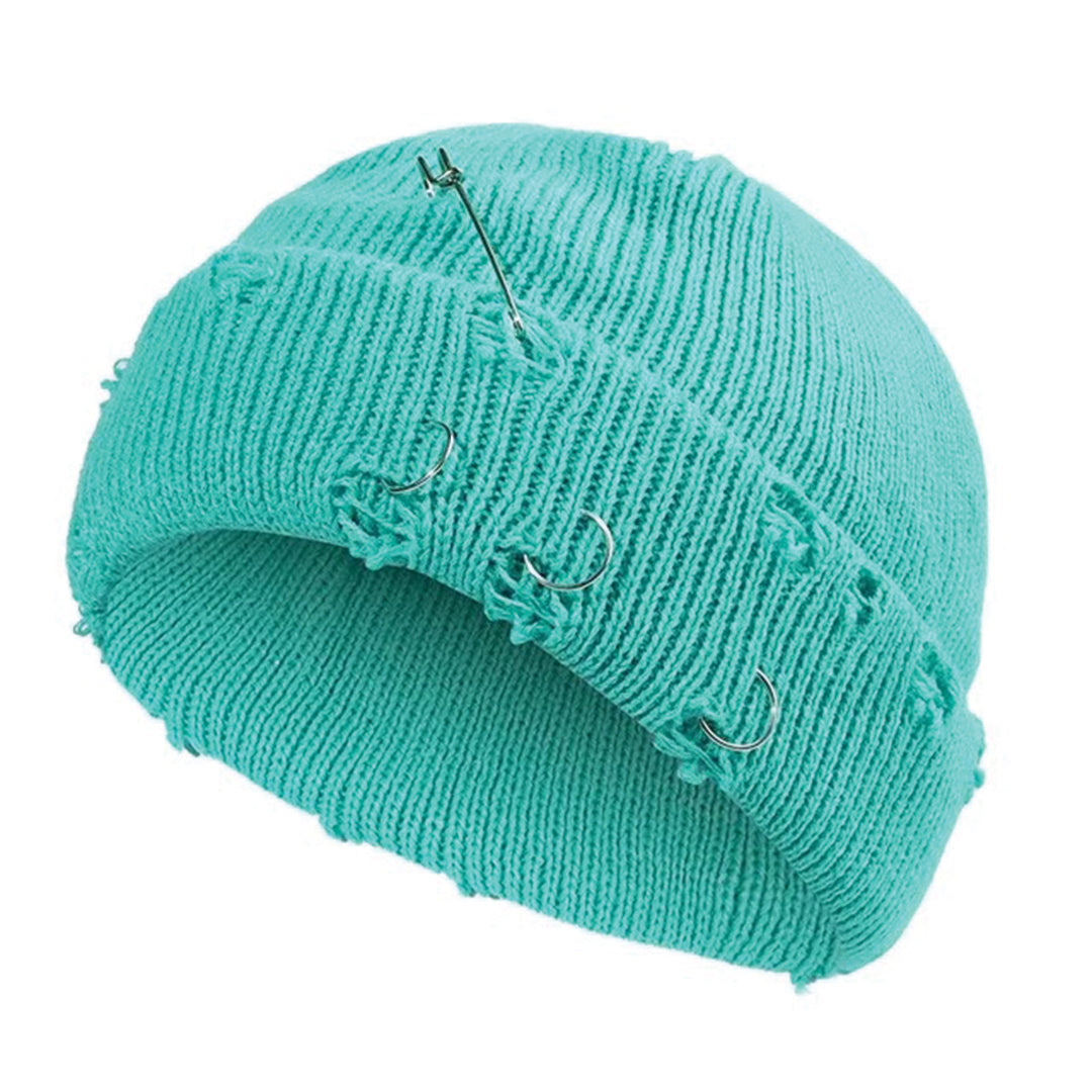 Black distressed cotton beanie cap with metal rings, bold streetwear style for all-day comfort