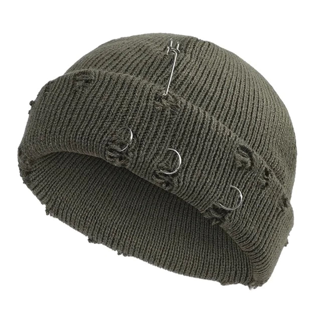 Black distressed cotton beanie cap with metal rings, streetwear style for bold urban looks