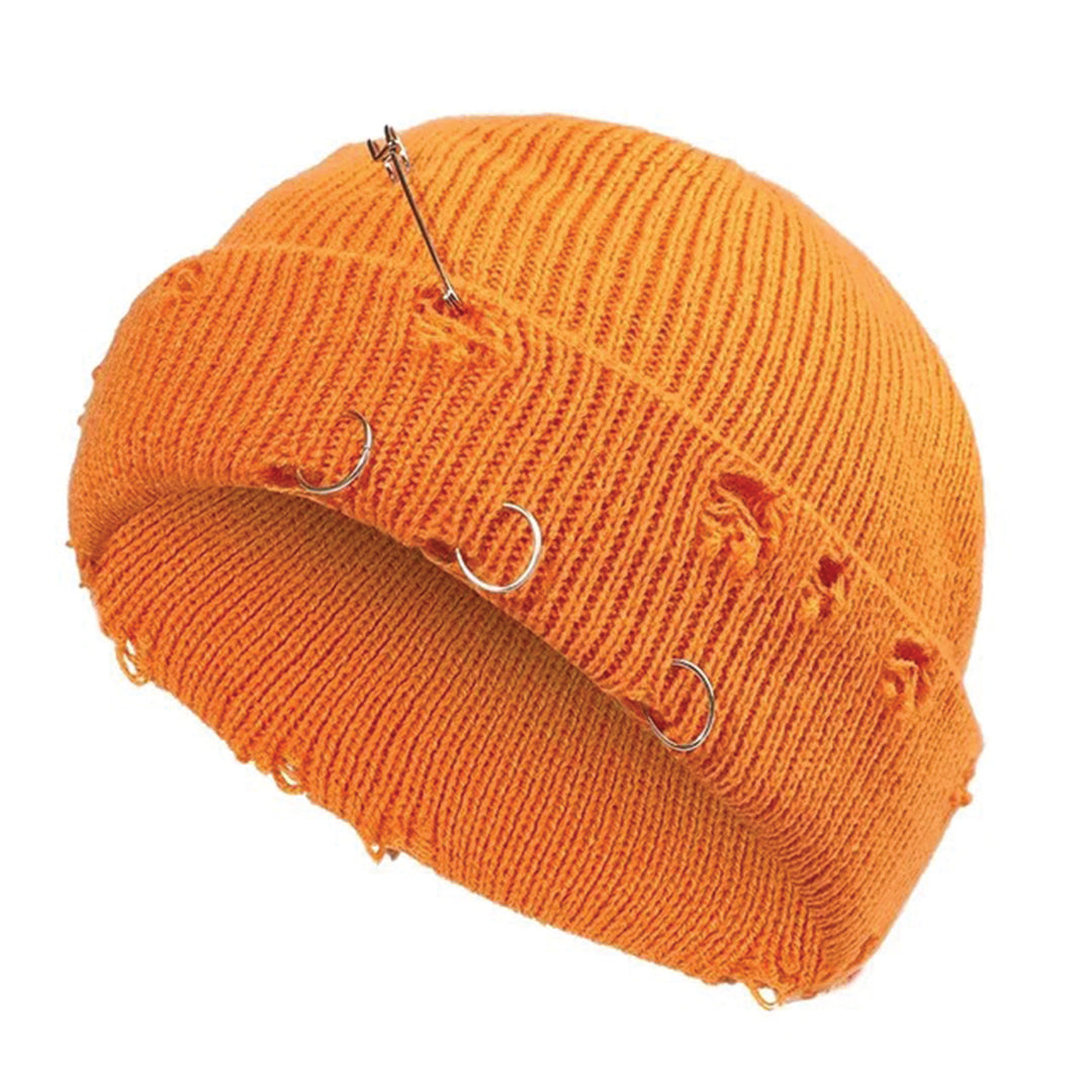 Black distressed cotton beanie cap with metal rings, bold streetwear style for all-day comfort