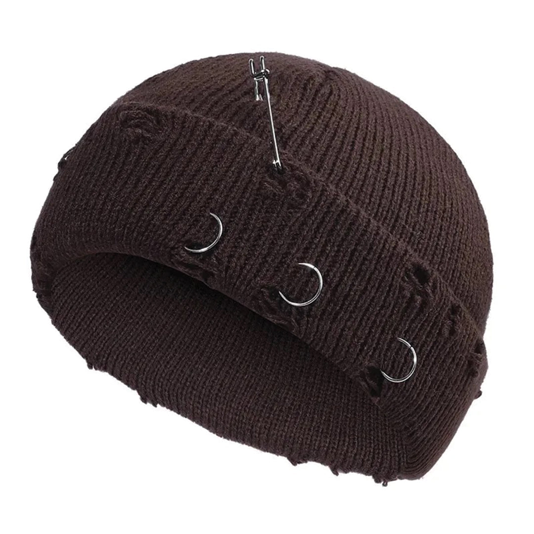 Black distressed cotton beanie cap with metal rings accents streetwear bold urban style