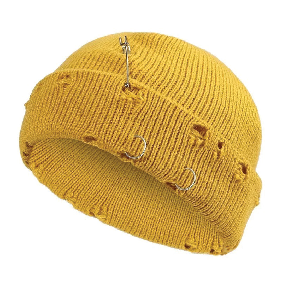 Black distressed cotton beanie cap with metal rings, streetwear style for bold urban looks