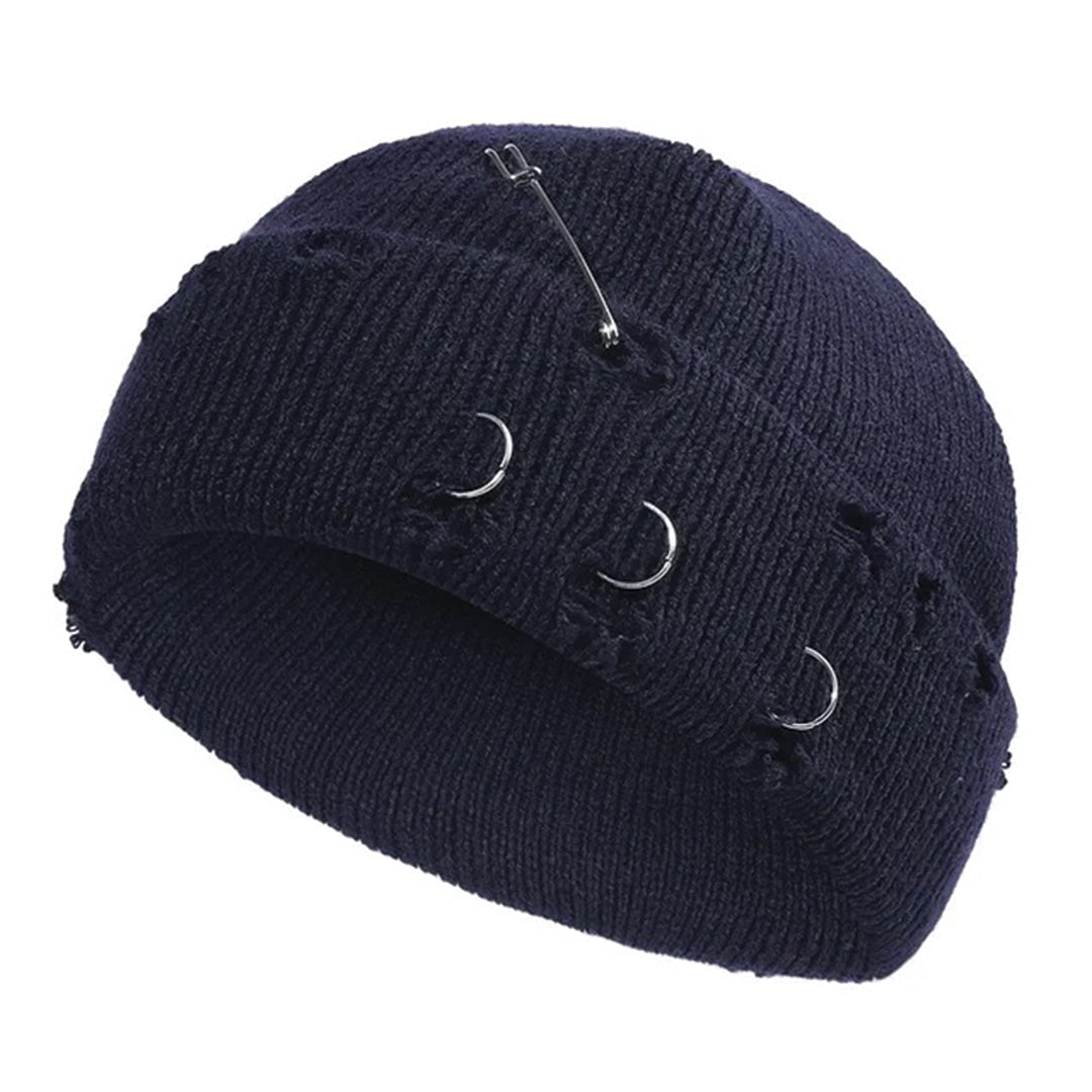 Black distressed cotton beanie cap with metal rings, bold streetwear style for all-day comfort