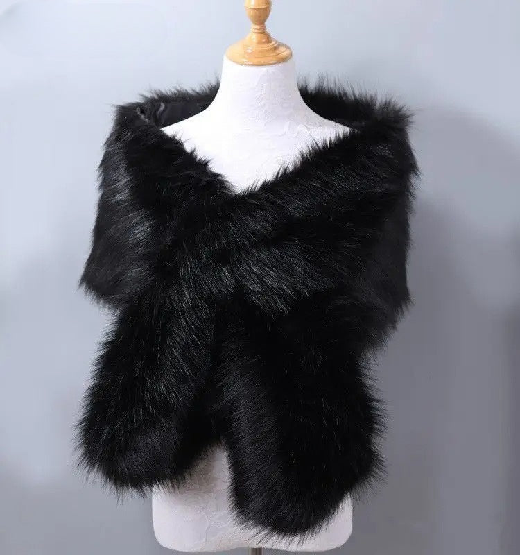 Ivory wrap shawl with plush faux fur trim, elegant shoulder coverage for formal evening wear