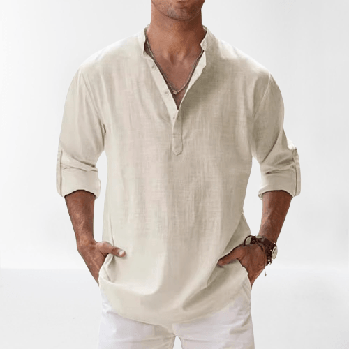 Men's linen blend Henley shirt in casual regular fit with long sleeves and classic button placket