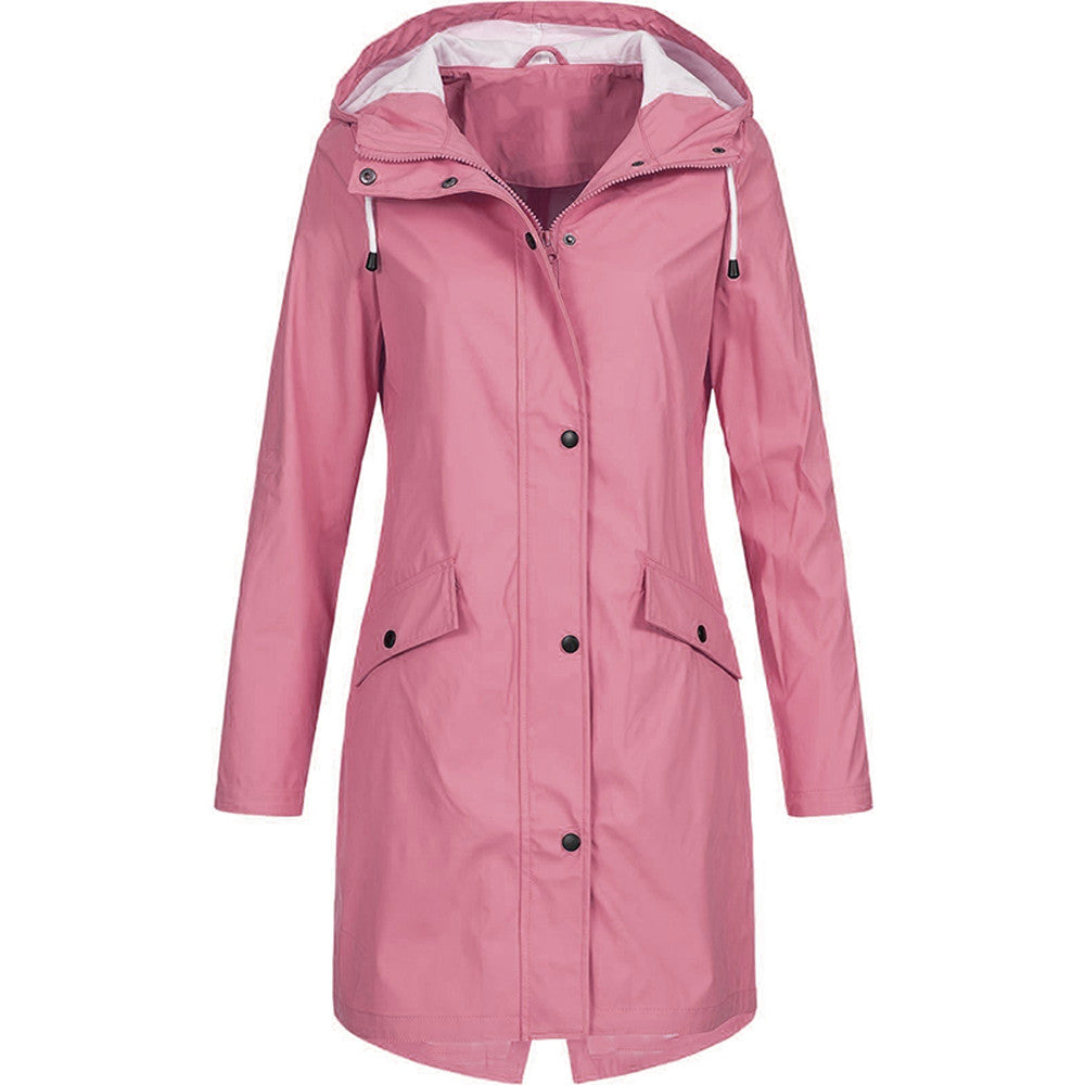 Lightweight long hooded rain jacket waterproof full-zip snap front for all-weather commuters