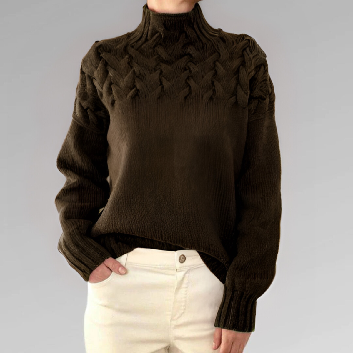 Women's cable knit turtleneck sweater wool blend high collar cozy everyday style