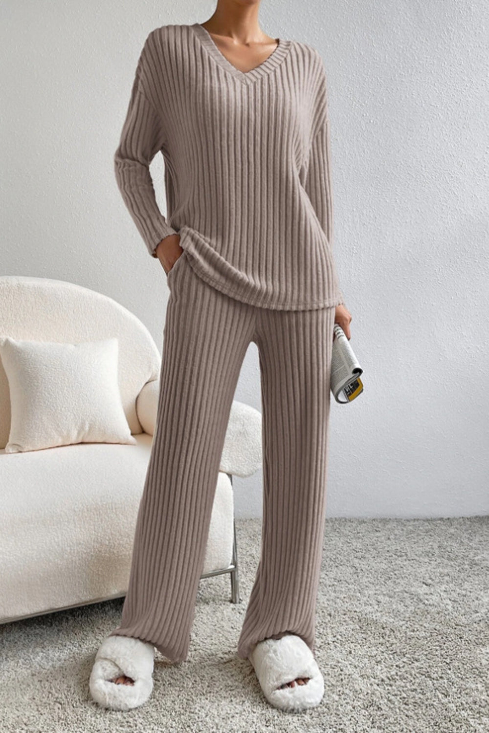 Women's ribbed V-neck top and pants loungewear set, cozy two-piece matching ensemble in neutral tone