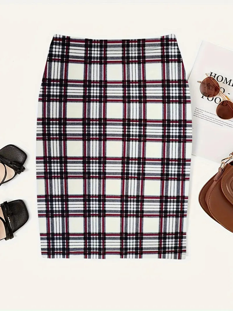 Women's slim-fit plaid skirt in spring tones, sleek silhouette with timeless plaid pattern for day-to-night styling