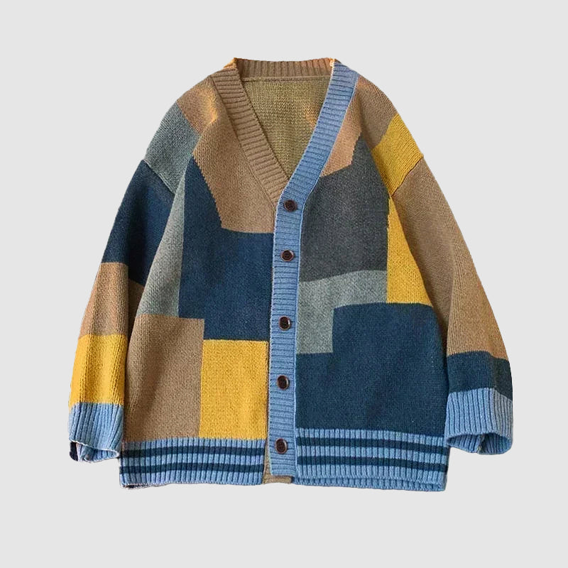 Felix Grant oversized 90s patchwork cardigan colorful retro knit poly blend layering piece