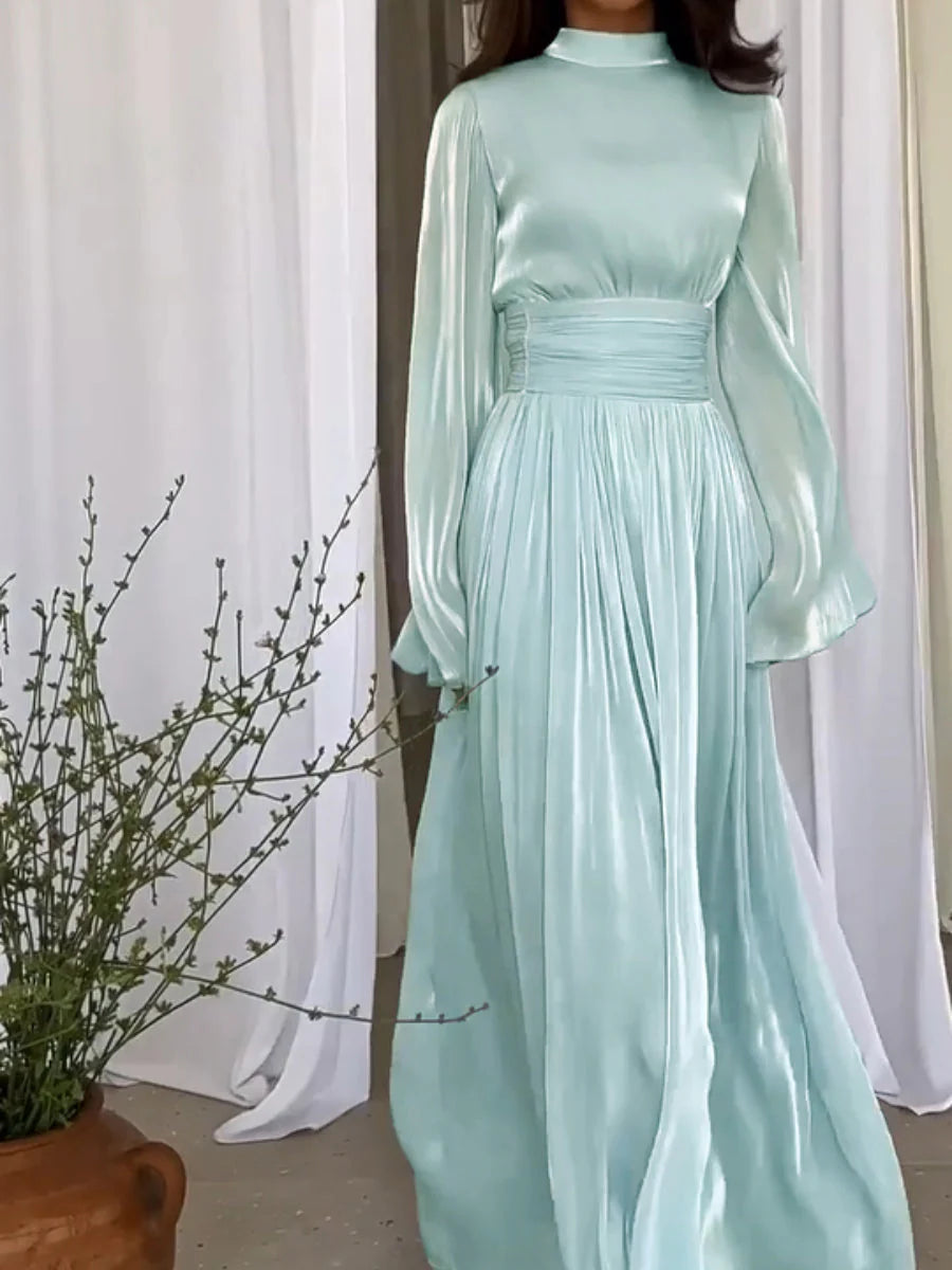 Hasna women's elegant long formal dress refined silhouette fitted waist belt flowing fabric