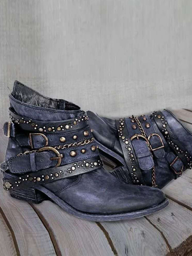 Women's vintage washed leather ankle boots with studded buckles, low heel, retro style