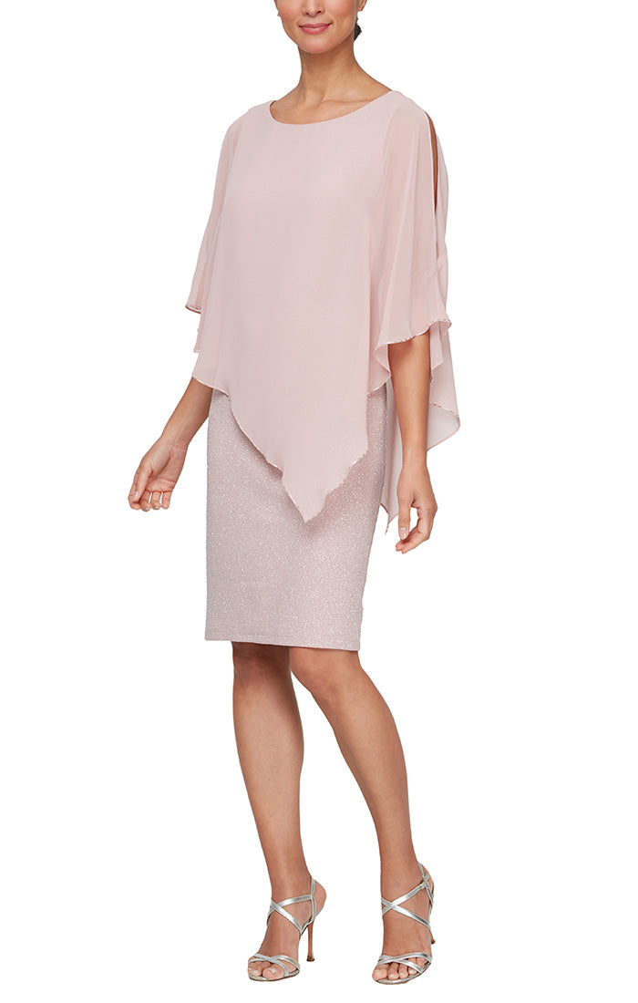 Silver glitter sheath dress with attached sheer poncho overlay, elegant mother of the bride style