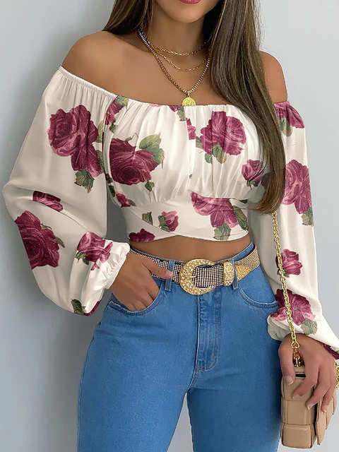 Boho crop top off-shoulder elastic neckline long sleeves pleated chest women casual