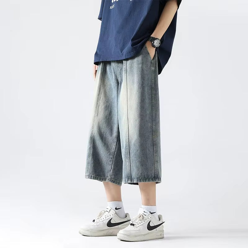 Ultra-wide leg denim shorts vintage wash breathable cotton streetwear cropped below-knee silhouette