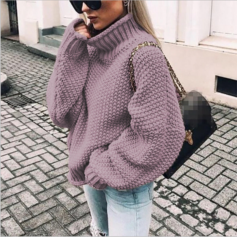 Women's chunky knit turtleneck sweater in cozy oversized fit with thick textured knit for winter warmth