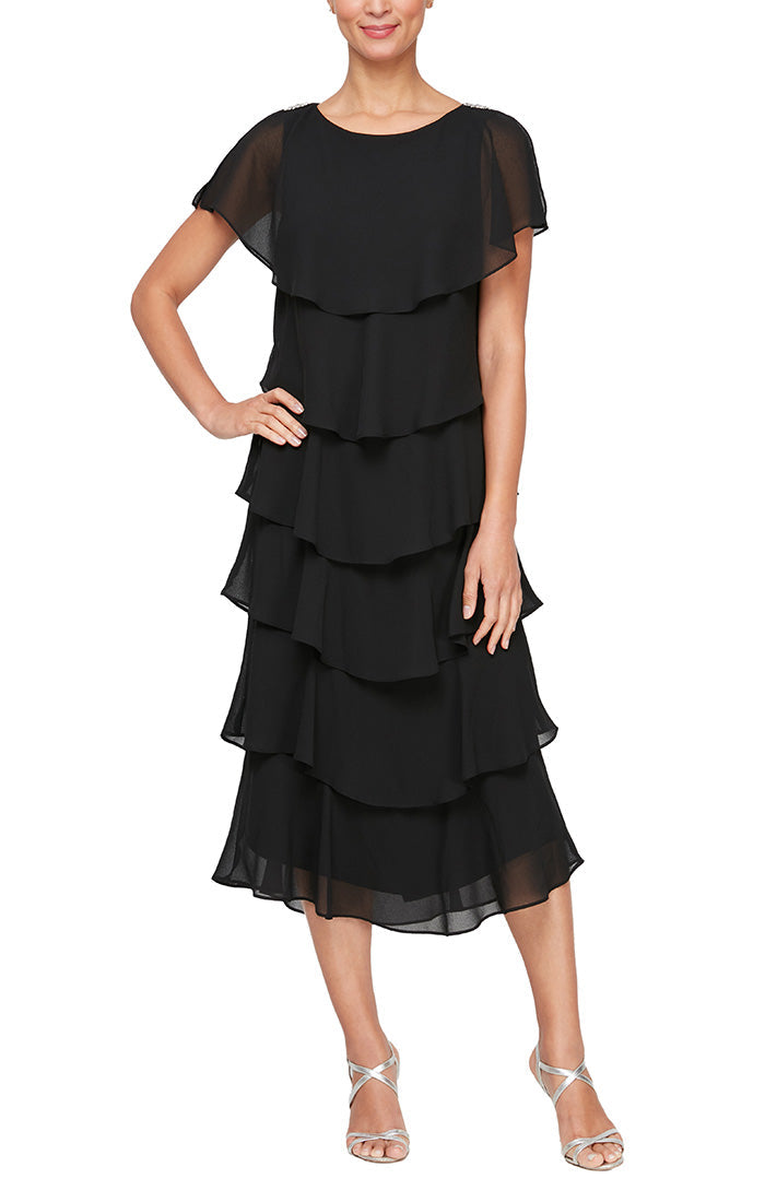 SL Fashions mother of bride tea length caplet dress flutter sleeves elegant tiered silhouette