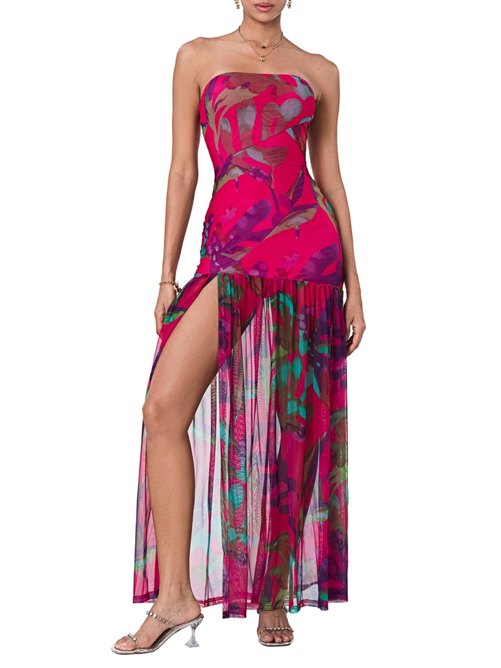 Two-tone patchwork strapless maxi dress with high waist, side slit, and stretch poly-spandex fabric