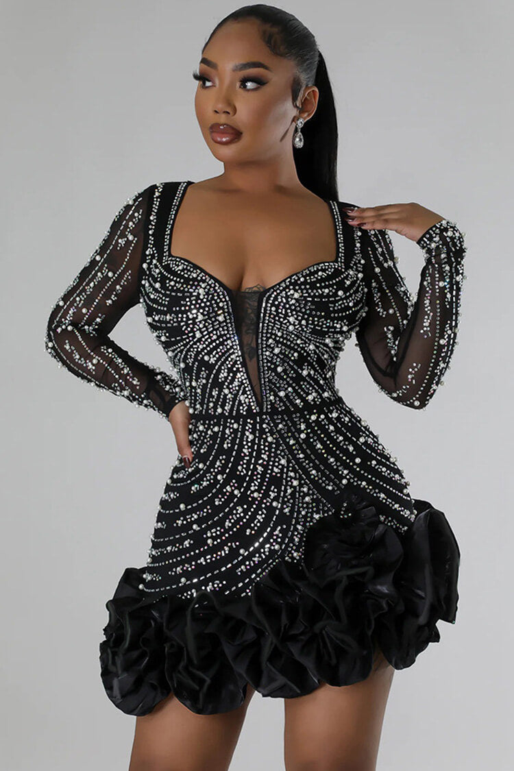 Black crystal-embellished mini bodycon dress with deep V-neckline for elegant evening wear