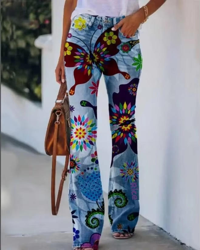 Women's floral print jeans cotton blend relaxed fit vibrant retro botanical pattern everyday wear