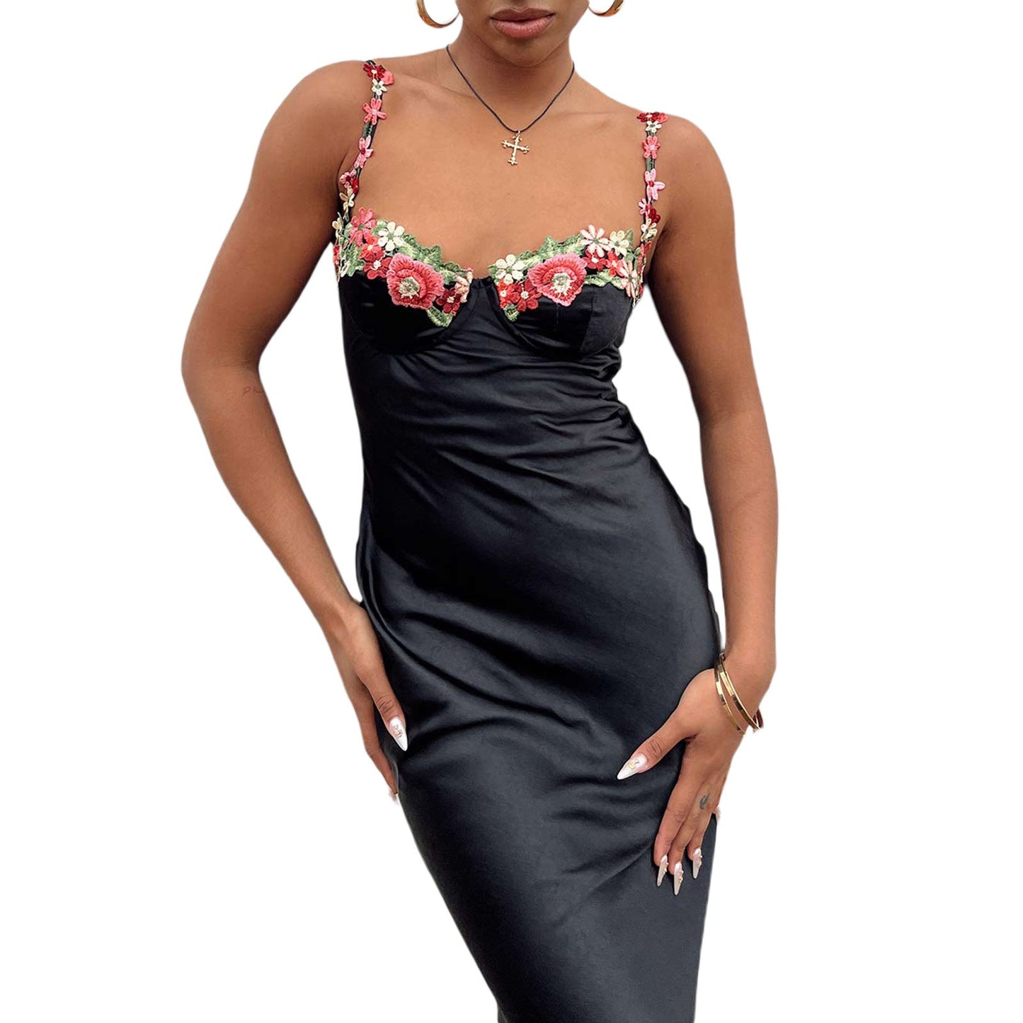 Women's satin maxi slip gown with floral embroidered bodice, elegant festive dress for parties