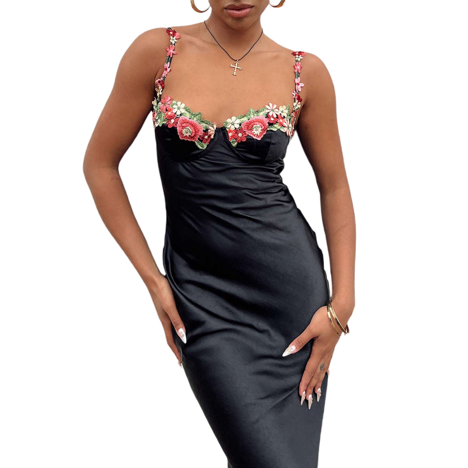 Women's satin maxi slip gown with floral embroidered bodice, elegant festive dress for parties