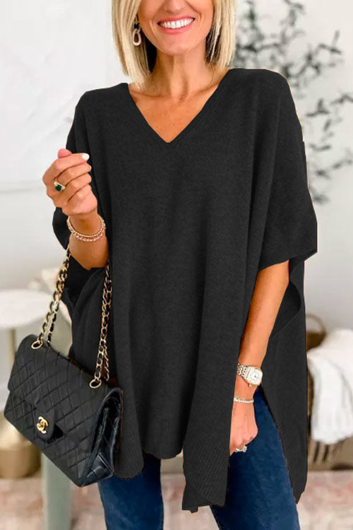 Women's solid cashmere poncho sweater V-neck loose fit lightweight breathable layering essential