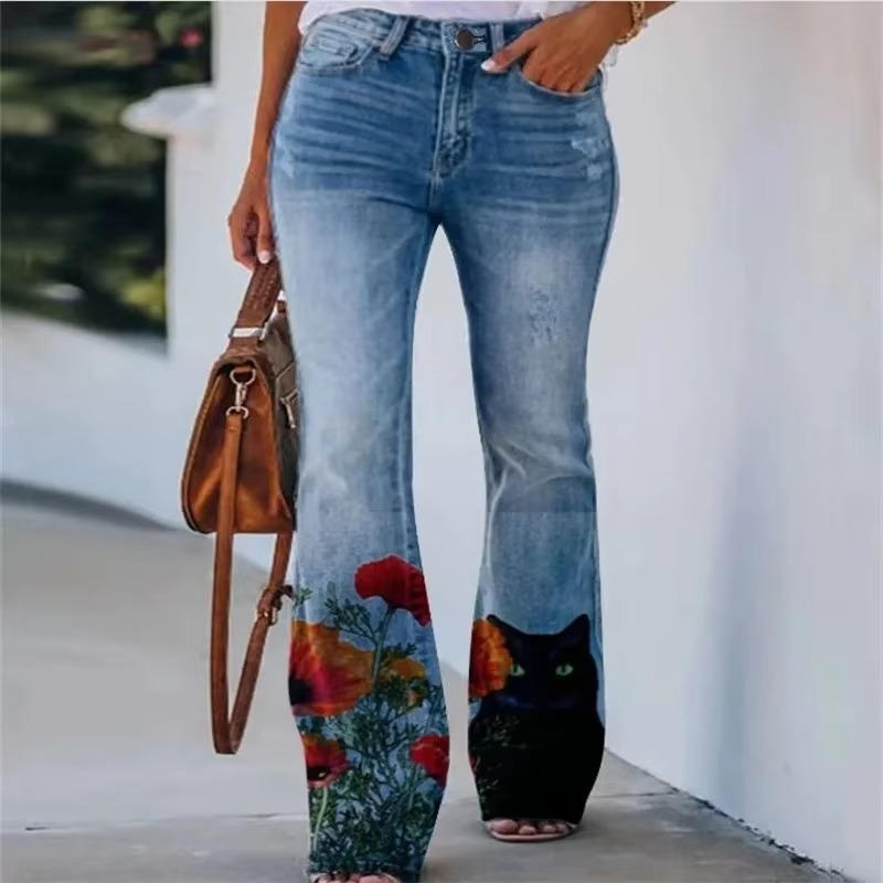 Women's floral print jeans cotton blend relaxed fit with vibrant retro botanical pattern everyday wear