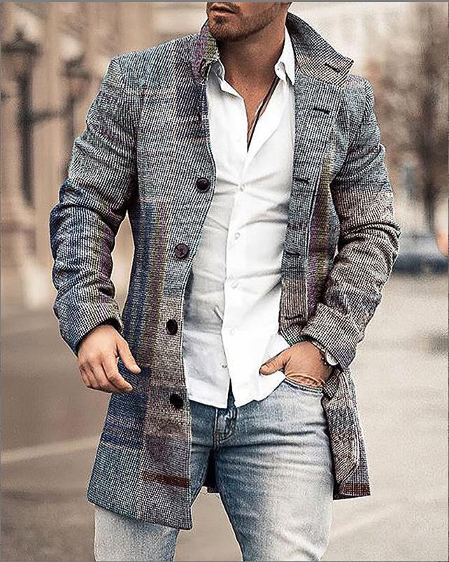Men's long structured coat in modern urban style with slim elongating silhouette for cooler days