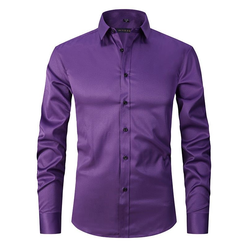 Men's slim fit long sleeve solid stretch shirt in versatile color for all-day comfort