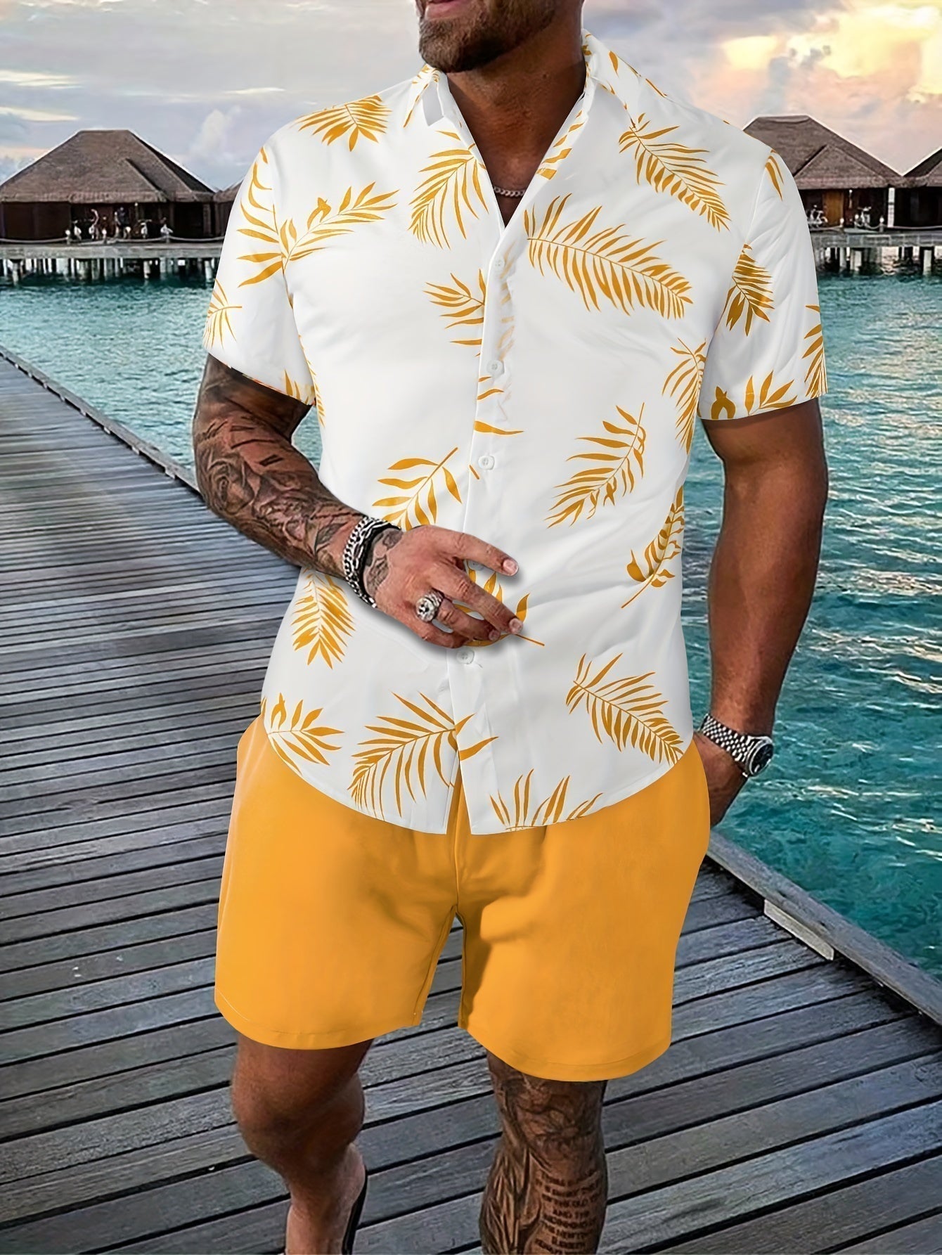 Men's two-piece summer set light blue relaxed-fit matching top and shorts for beach vacation wear