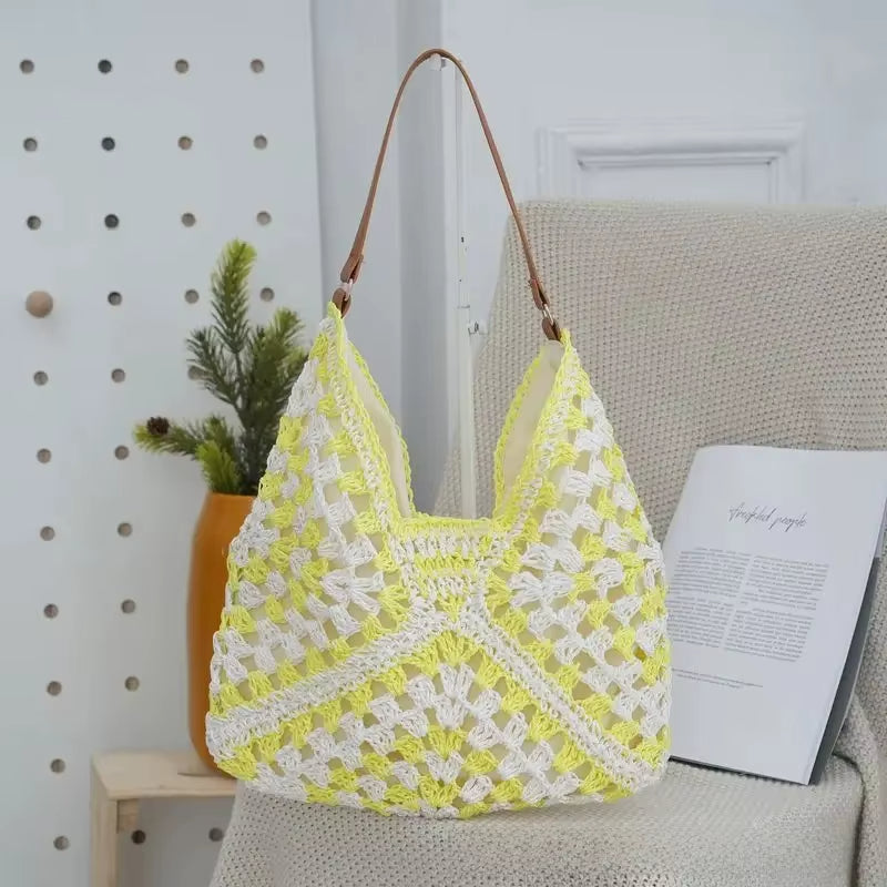 Handwoven crochet boho tote bag with fabric-lined interior, open-top design, durable thick yarn carryall