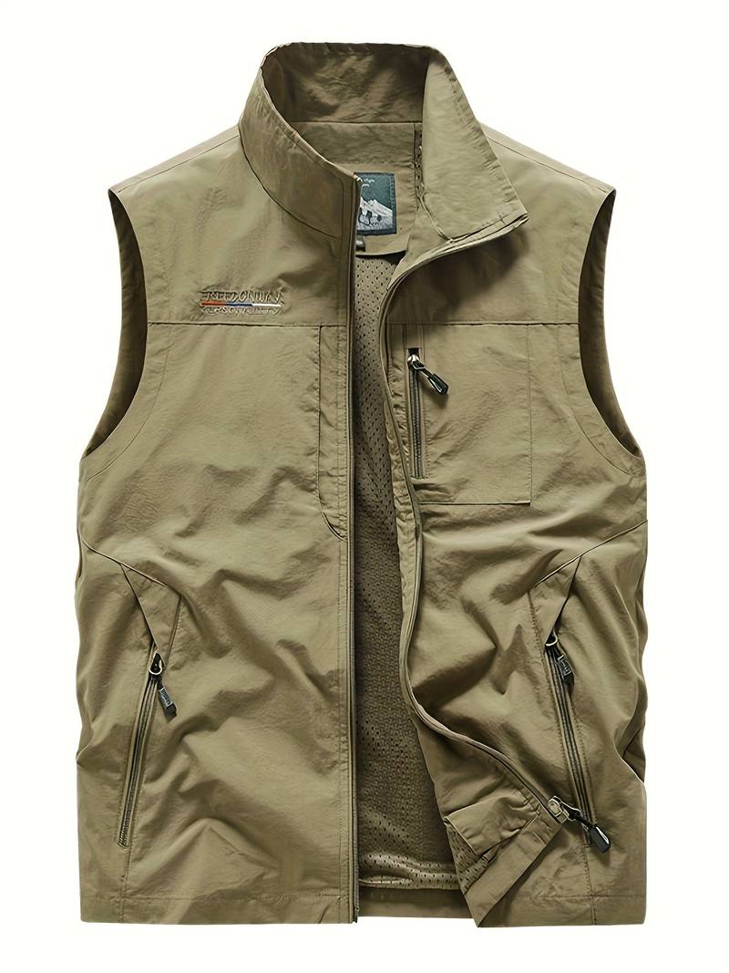 Aristide men's olive cargo vest with zippered pockets, durable outdoor layering piece