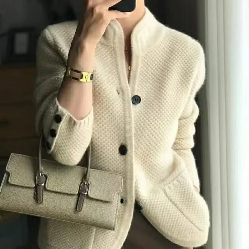 Women's textured knit button cardigan with structured silhouette and cozy ribbed button-front closure