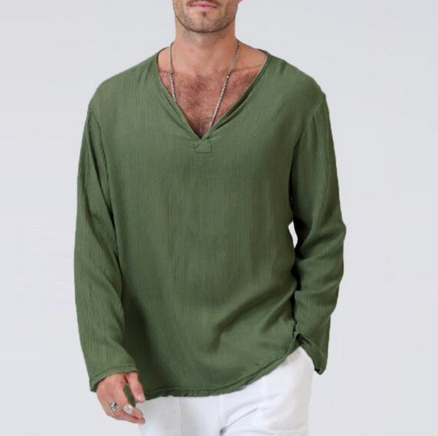 Men's cotton-linen blend long sleeve V-neck tee in relaxed fit, lightweight breathable casual style