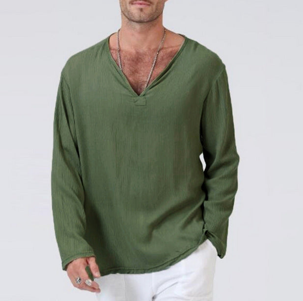 Men's cotton-linen blend long sleeve V-neck tee in relaxed fit, lightweight breathable casual style
