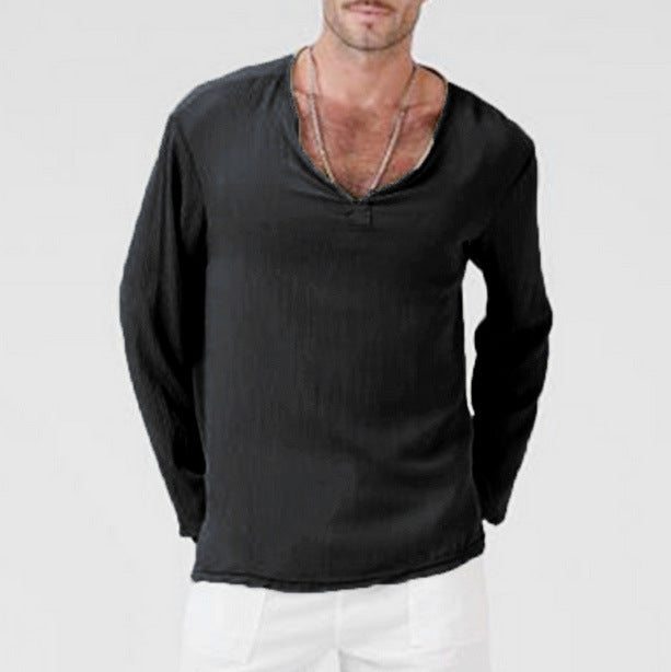 Men's cotton-linen blend V-neck long sleeve tee, relaxed fit with breathable lightweight fabric