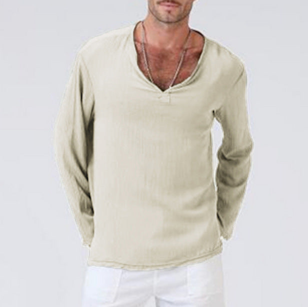 Men's cotton-linen blend V-neck long sleeve tee in relaxed fit, lightweight breathable casual shirt