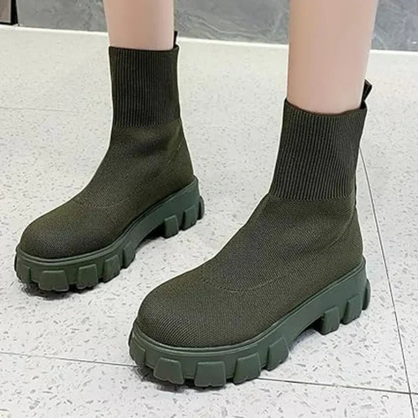 Women's knitted ankle boots neutral tone flexible upper fashionable chunky sole everyday comfort style