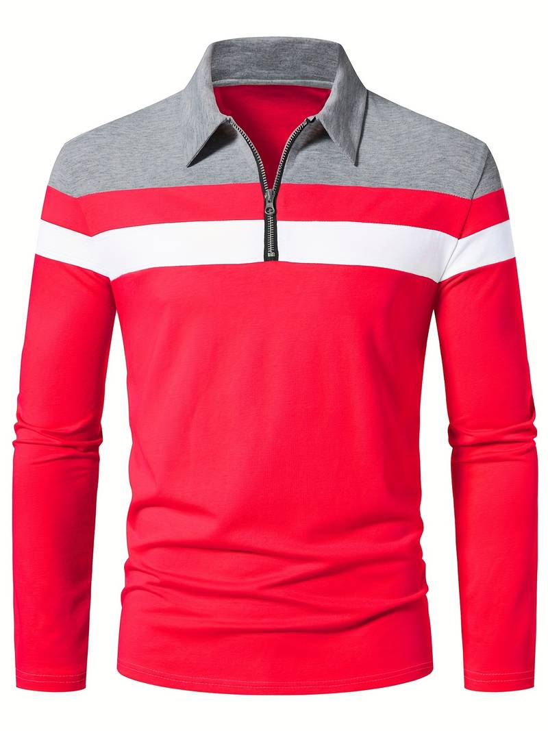 Men's navy long-sleeve zip-up polo shirt modern front zip classic silhouette casual semi-formal style